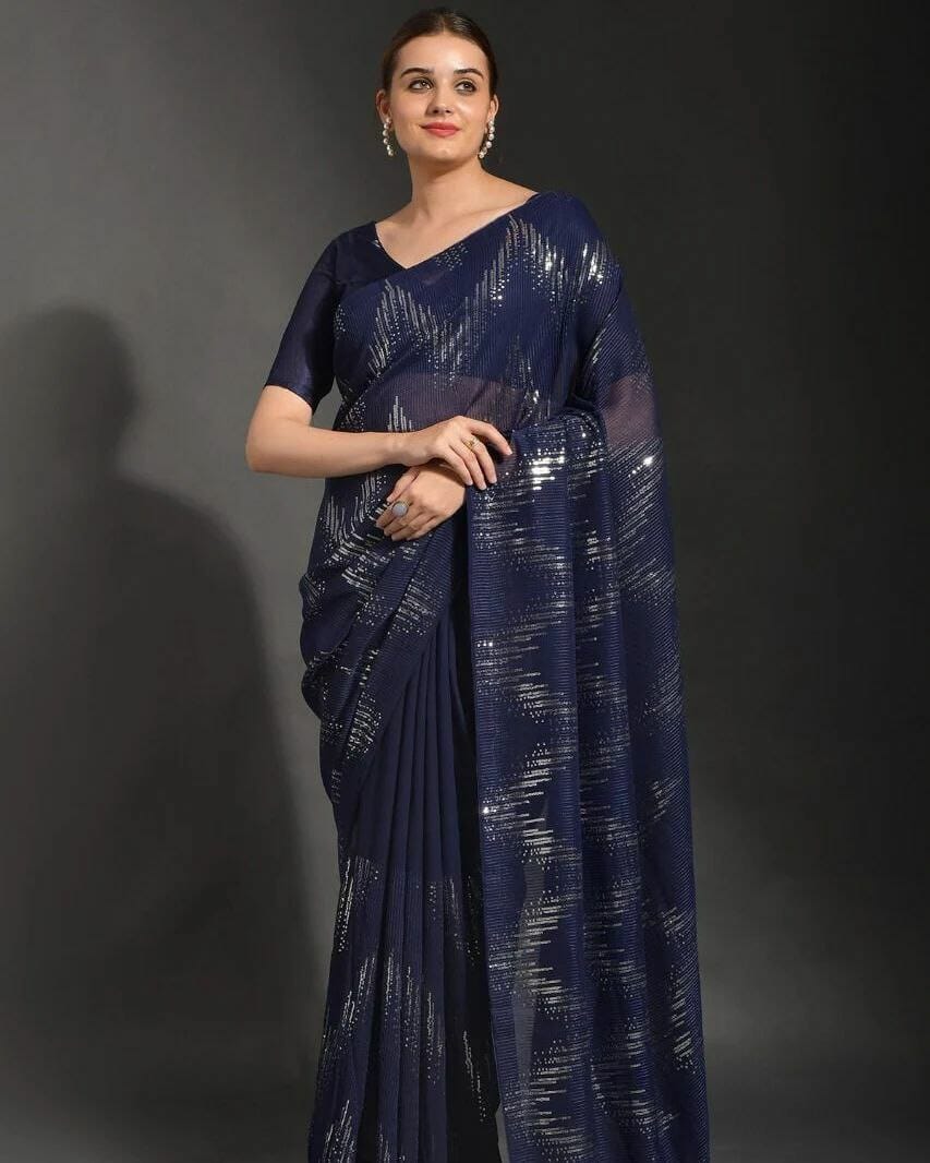 Navy Blue Georgette Embroidered Sequin Saree with Banglori Blouse Designer Saree Shopin Di Apparels