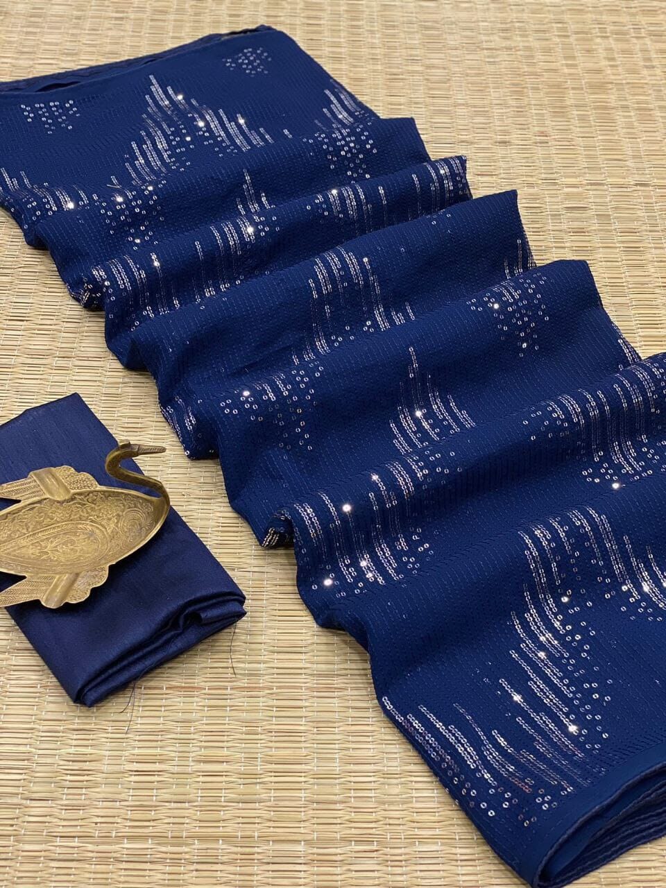 Navy Blue Georgette Embroidered Sequin Saree with Banglori Blouse Designer Saree Shopin Di Apparels