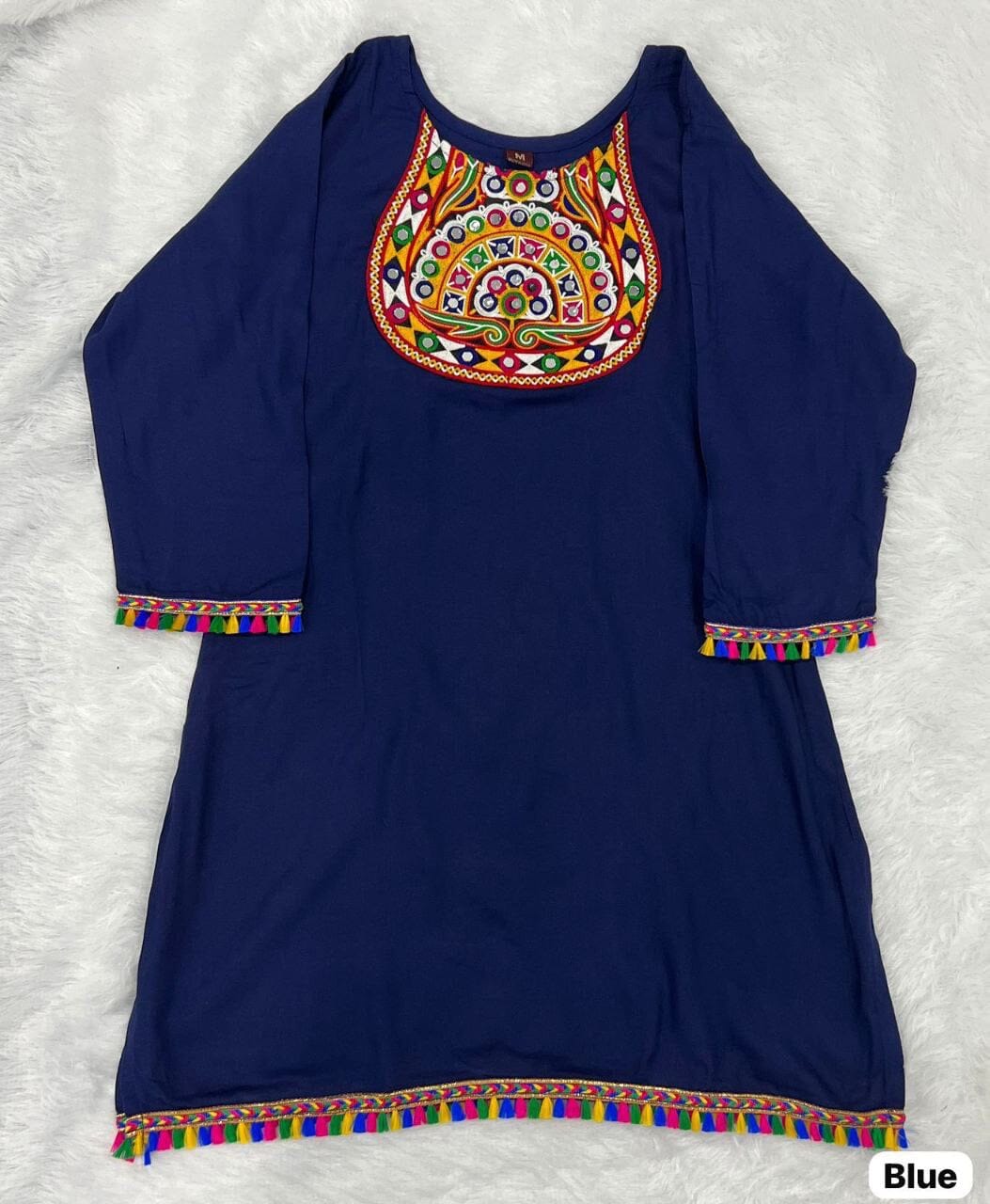 Navy Blue Heavy Rayon Short Top With Gamthi Lace and mirror work Western Top Shopin Di Apparels