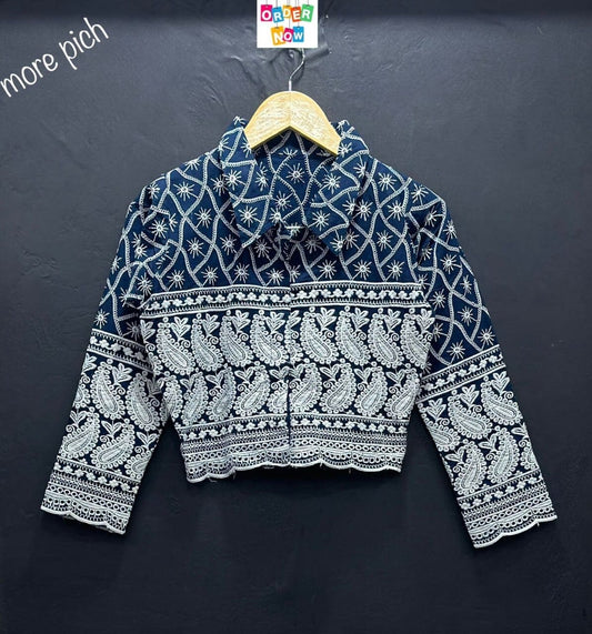 Navy Blue Lucknowi Sequence Work with Long Sleeve Western Crop Top Western Tops Shopin Di Apparels