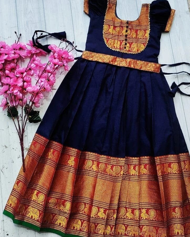 Navy Blue Narayanapet Silk Kid’s Gown Festival Wear Kid's Gown Shopindiapparels.com
