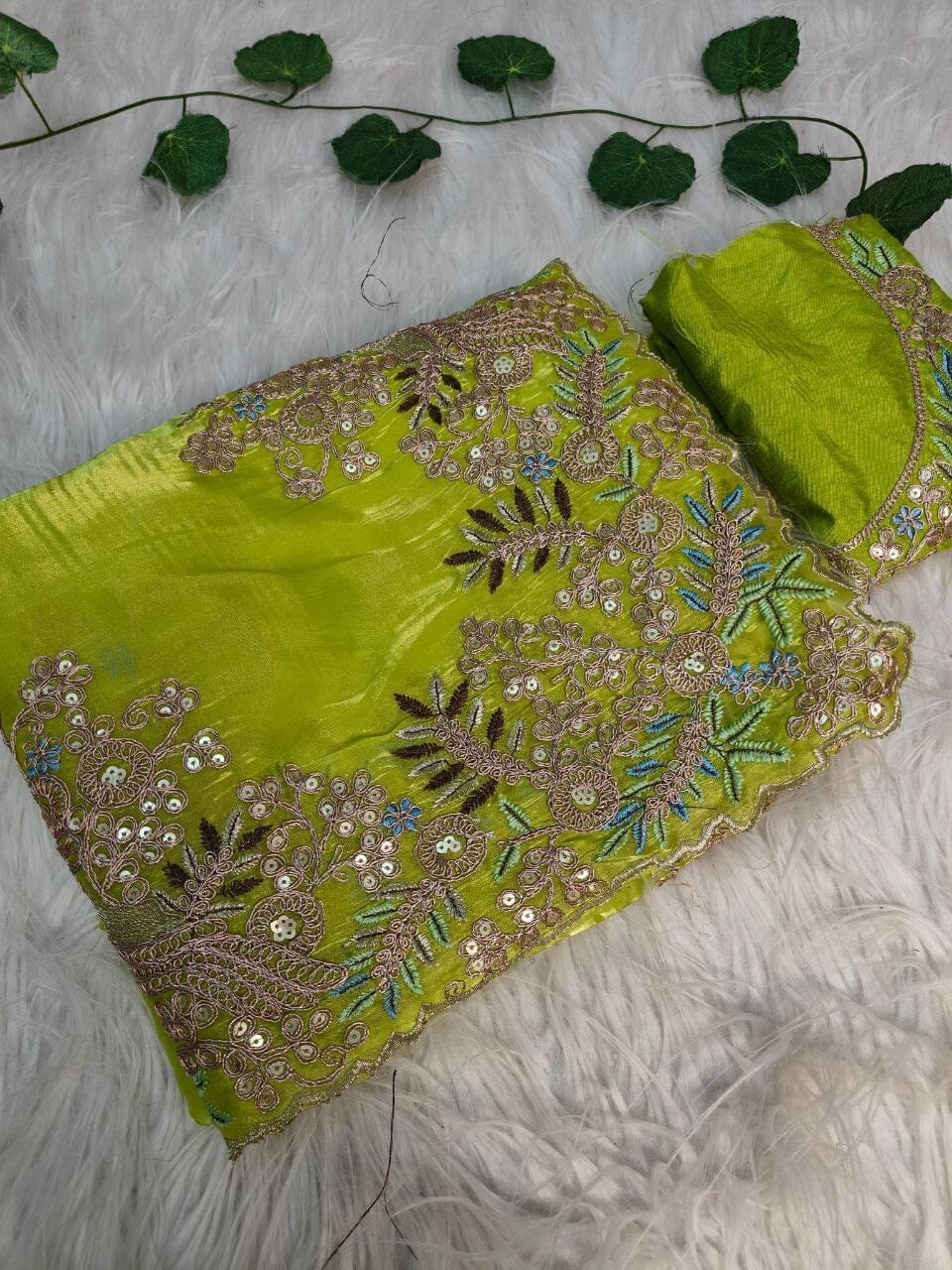 Neon Green Pure Jimmy Choo Silk with Coding Sequence Embroidered work Designer Saree Designer saree Shopin Di Apparels