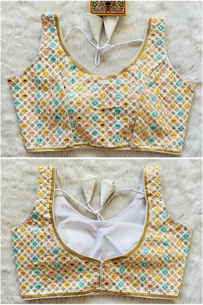 New Mirror Work Sequence Readymade Blouse in 13 colors Readymade Blouse Shopindiapparels.com White