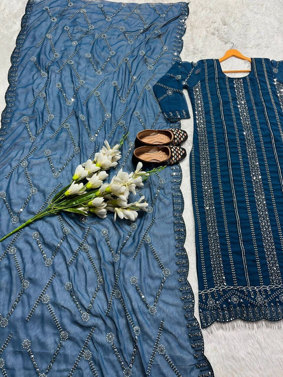 NF 1198 Blue Designer Georgette Sequence Readymade Suit Ready Made Designer Suits Shopin Di Apparels