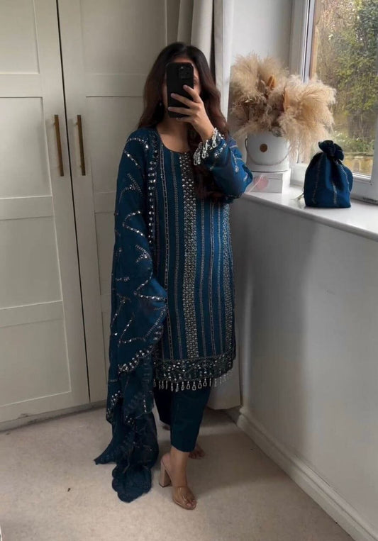 NF 1198 Blue Designer Georgette Sequence Readymade Suit Ready Made Designer Suits Shopin Di Apparels