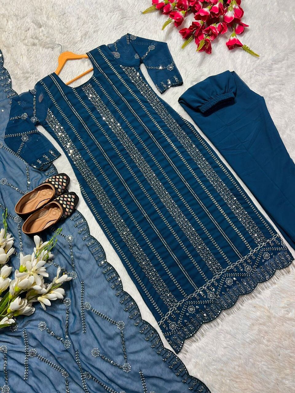 NF 1198 Blue Designer Georgette Sequence Readymade Suit Ready Made Designer Suits Shopin Di Apparels