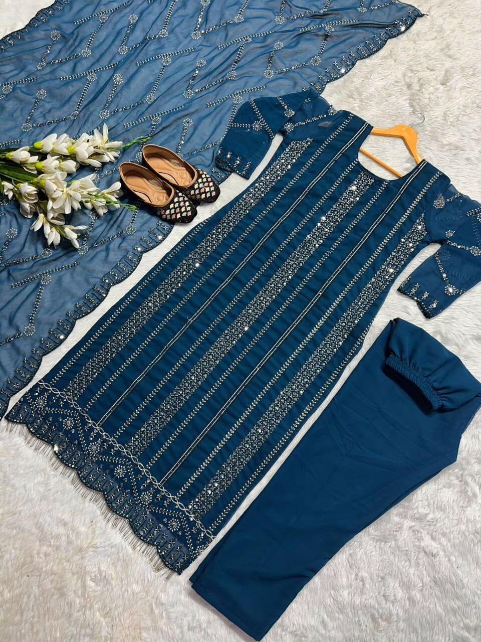 NF 1198 Blue Designer Georgette Sequence Readymade Suit Ready Made Designer Suits Shopin Di Apparels