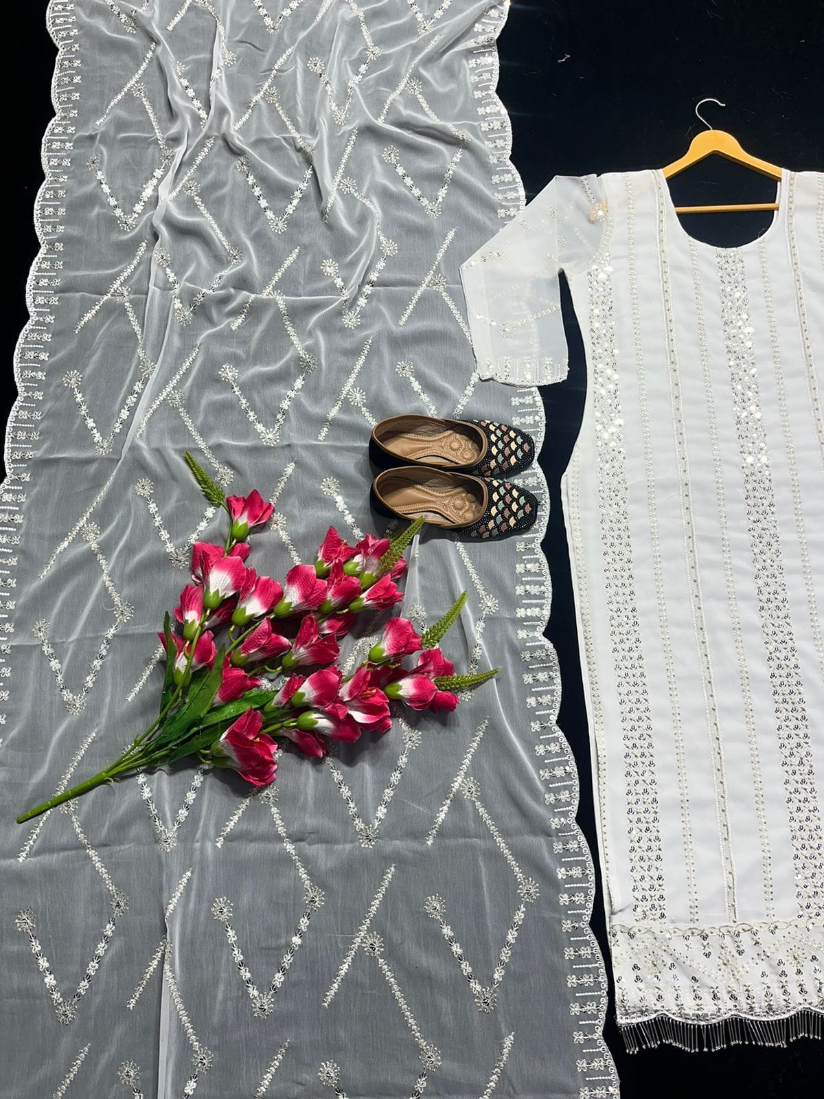 NF 1198 White Designer Georgette Sequence Readymade Suit Ready Made Designer Suits Shopin Di Apparels