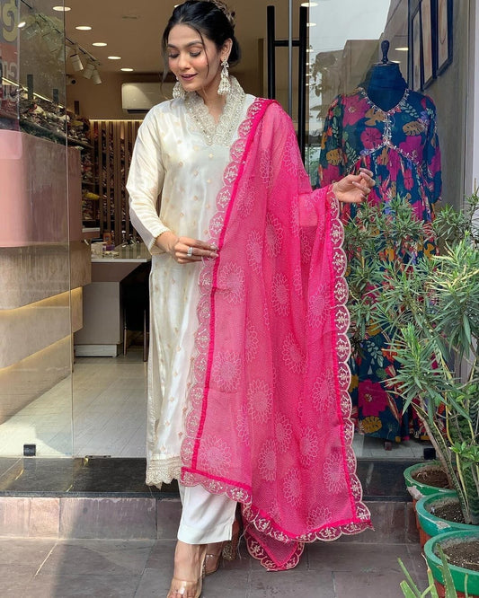 Niharika Pure Viscose Jaquard Sequence Embroidered Top with pant and Tabby Silk Dupatta Ready Made Designer Suits Shopin Di Apparels