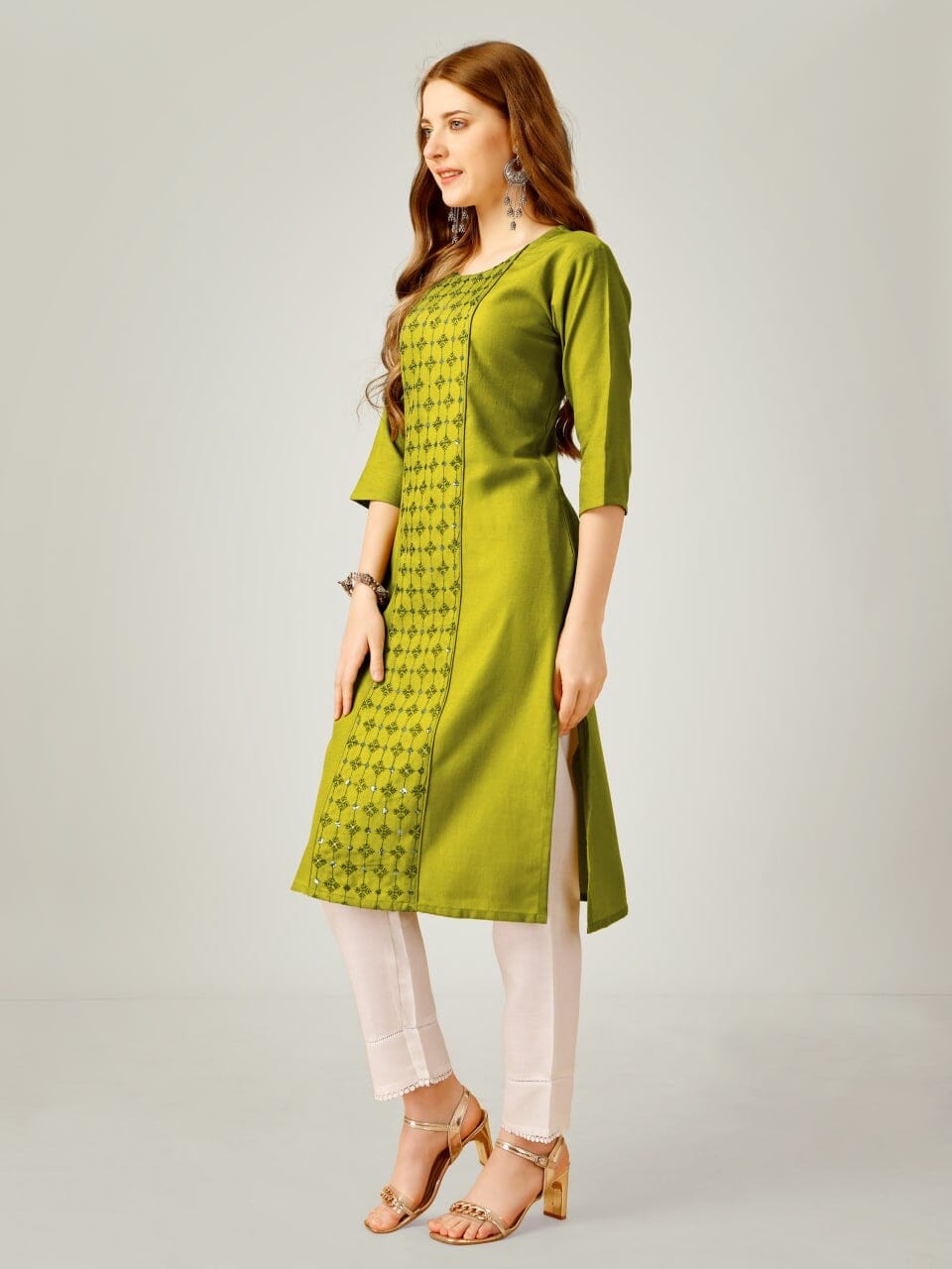 Olive Green Cotton Blend Sequence Embroidered Work Kurti with Pant Kurti with Pant Shopin Di Apparels