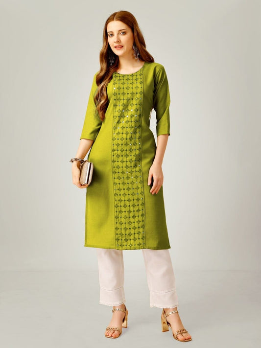 Olive Green Cotton Blend Sequence Embroidered Work Kurti with Pant Kurti with Pant Shopin Di Apparels