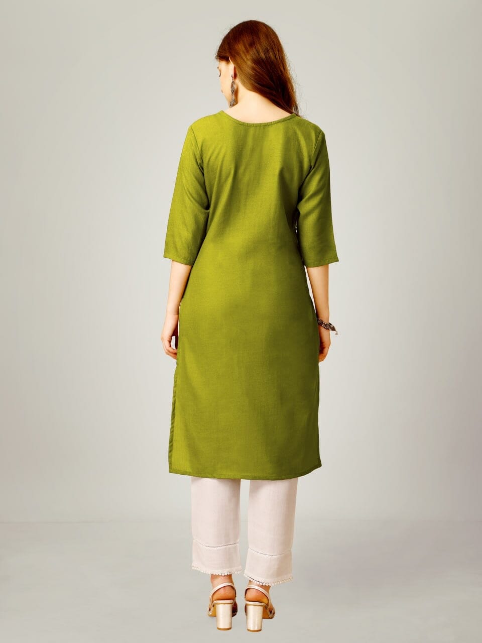 Olive Green Cotton Blend Sequence Embroidered Work Kurti with Pant Kurti with Pant Shopin Di Apparels