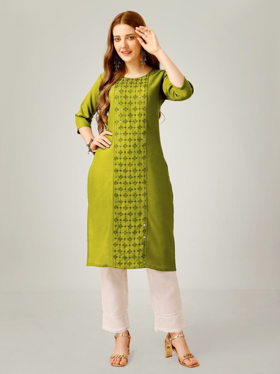 Olive Green Cotton Blend Sequence Embroidered Work Kurti with Pant Kurti with Pant Shopin Di Apparels