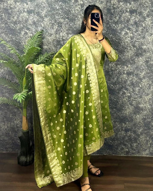 Olive Green Jeqard Silk Kurti with Dupatta Kurti & Dupatta Shopin Di Apparels