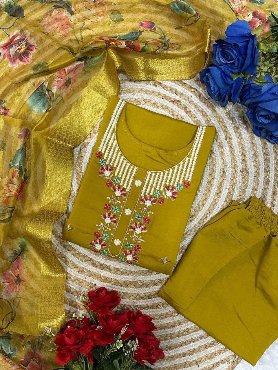 Olive Green Roman Silk Festive Wear Kurti with Dupatta and Pant Kurti with Bottom and Dupatta Shopin Di Apparels