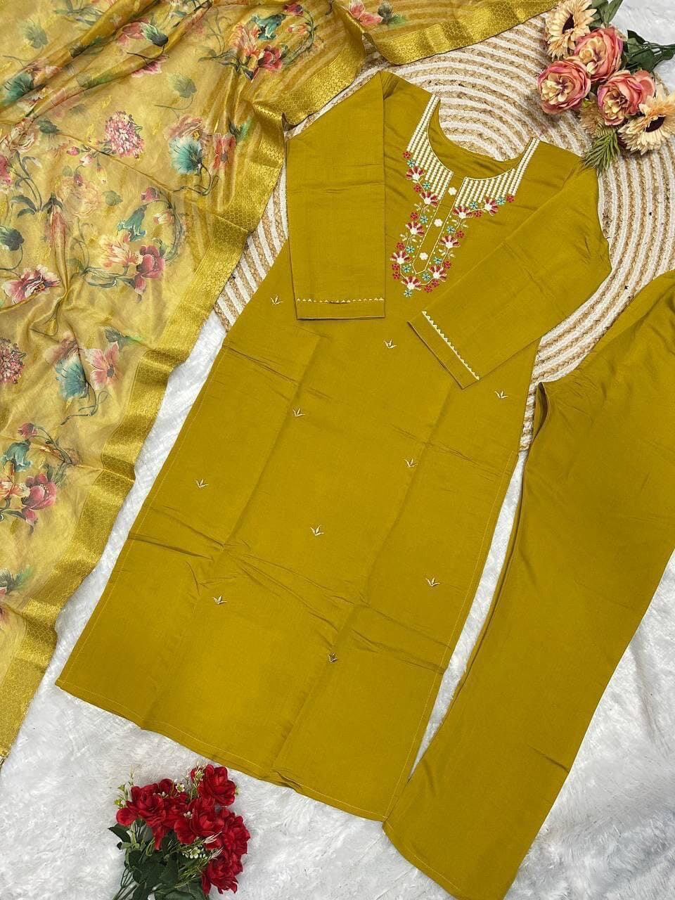 Olive Green Roman Silk Festive Wear Kurti with Dupatta and Pant Kurti with Bottom and Dupatta Shopin Di Apparels