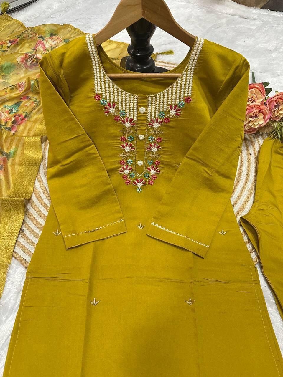 Olive Green Roman Silk Festive Wear Kurti with Dupatta and Pant Kurti with Bottom and Dupatta Shopin Di Apparels