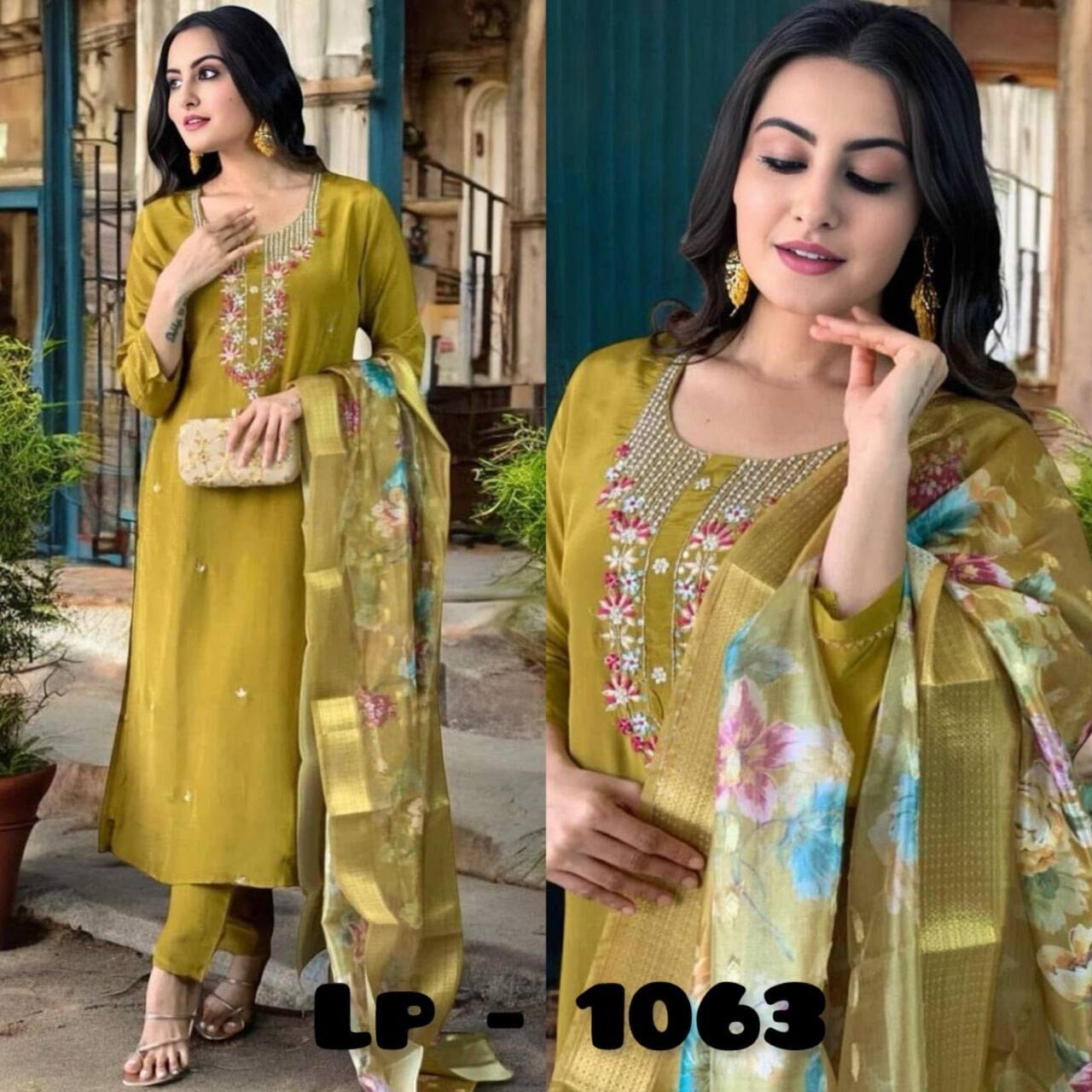 Olive Green Roman Silk Festive Wear Kurti with Dupatta and Pant Kurti with Bottom and Dupatta Shopin Di Apparels