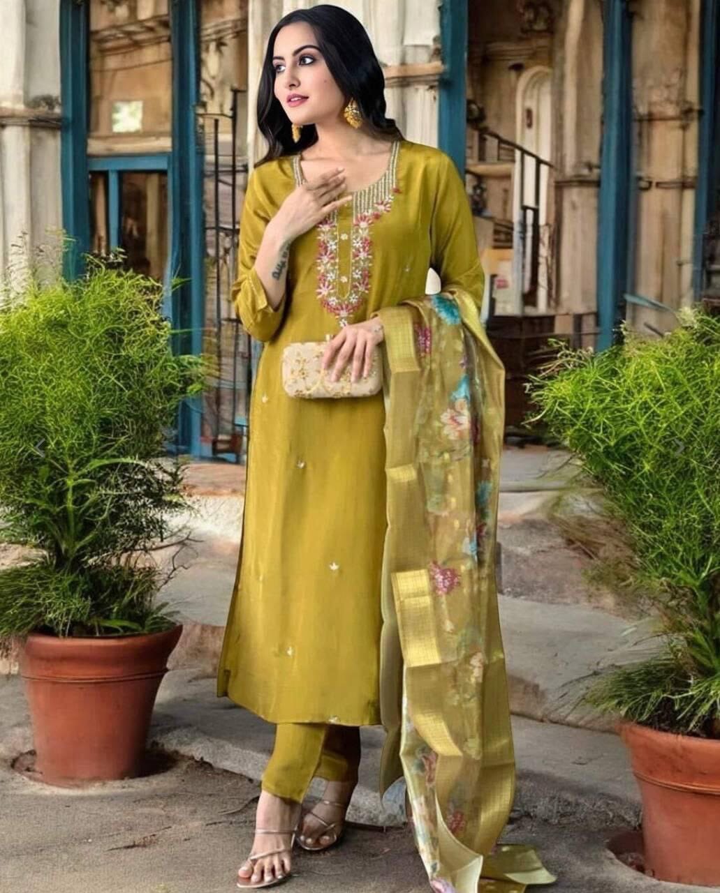 Olive Green Roman Silk Festive Wear Kurti with Dupatta and Pant Kurti with Bottom and Dupatta Shopin Di Apparels