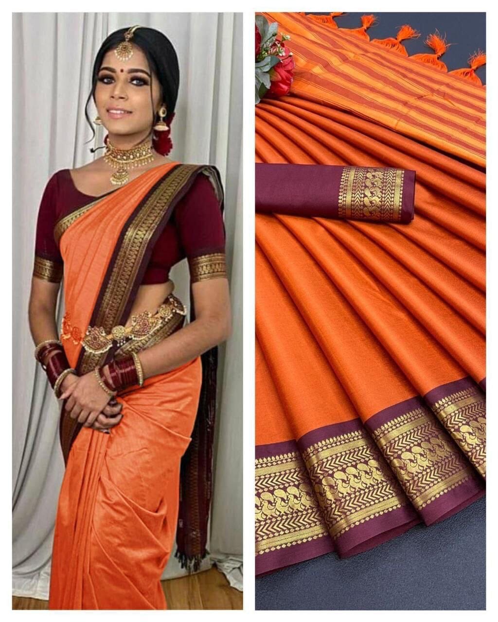 Orange Aura Silk Saree with matching blouse Silk Cotton Saree Shopin Di Apparels