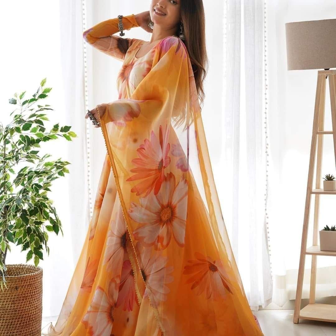 Orange Big Flower Floral Printed Georgette Gown with Dupatta Gown with Dupatta Shopin Di Apparels