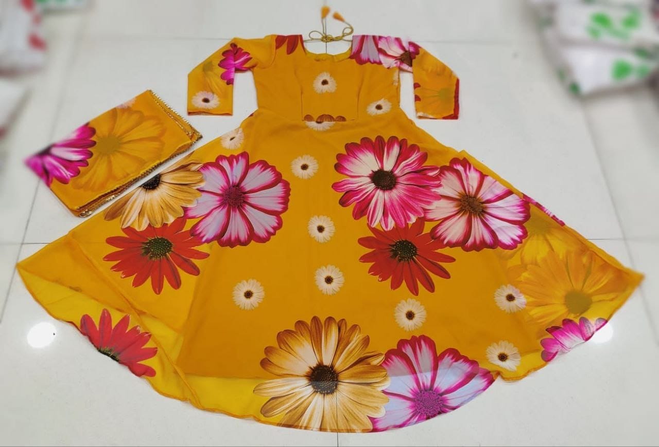 Orange Big Flower Floral Printed Georgette Gown with Dupatta Gown with Dupatta Shopin Di Apparels