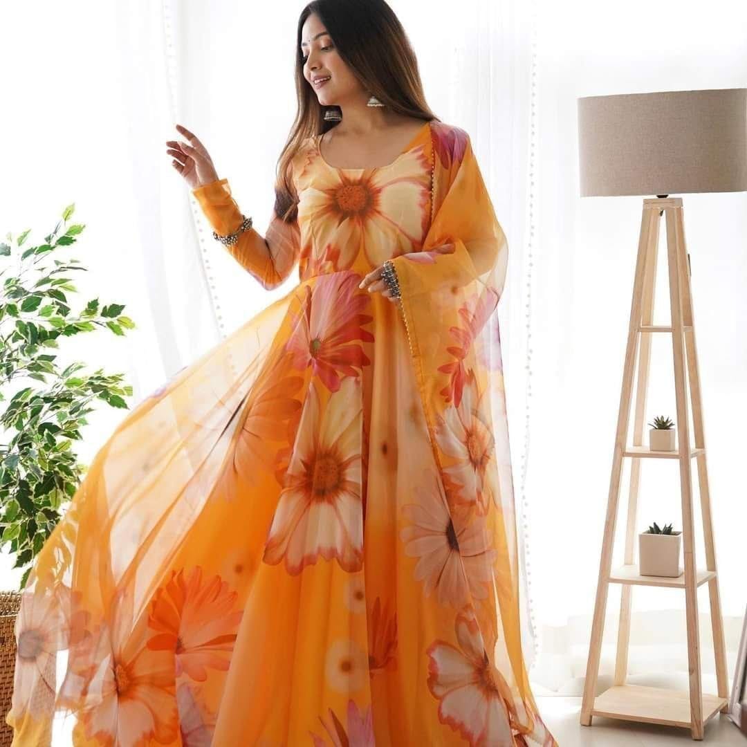 Orange Big Flower Floral Printed Georgette Gown with Dupatta Gown with Dupatta Shopin Di Apparels