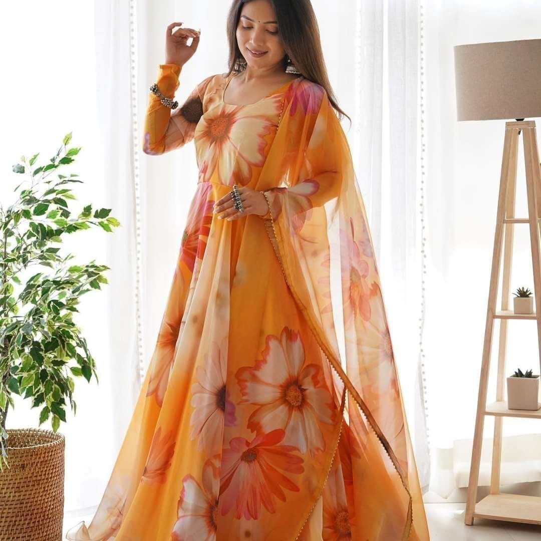 Orange Big Flower Floral Printed Georgette Gown with Dupatta Gown with Dupatta Shopin Di Apparels