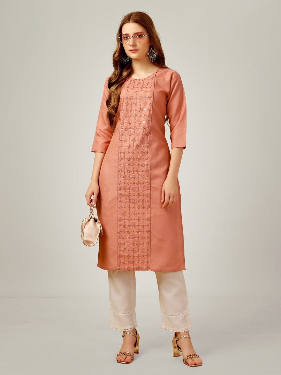 Orange Cotton Blend Sequence Embroidered Work Kurti with Pant Kurti with Pant Shopin Di Apparels