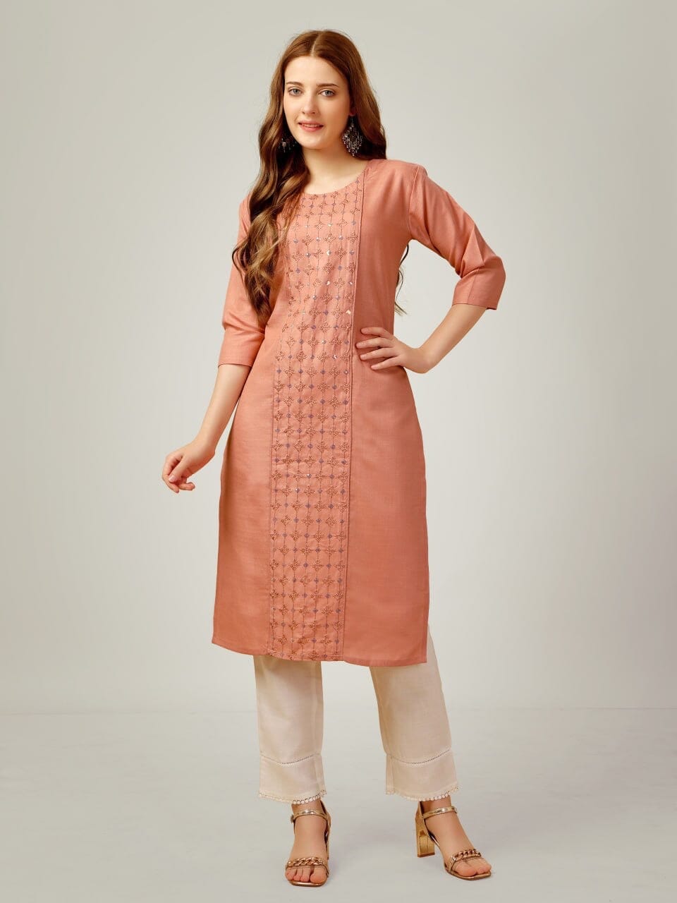 Orange Cotton Blend Sequence Embroidered Work Kurti with Pant Kurti with Pant Shopin Di Apparels