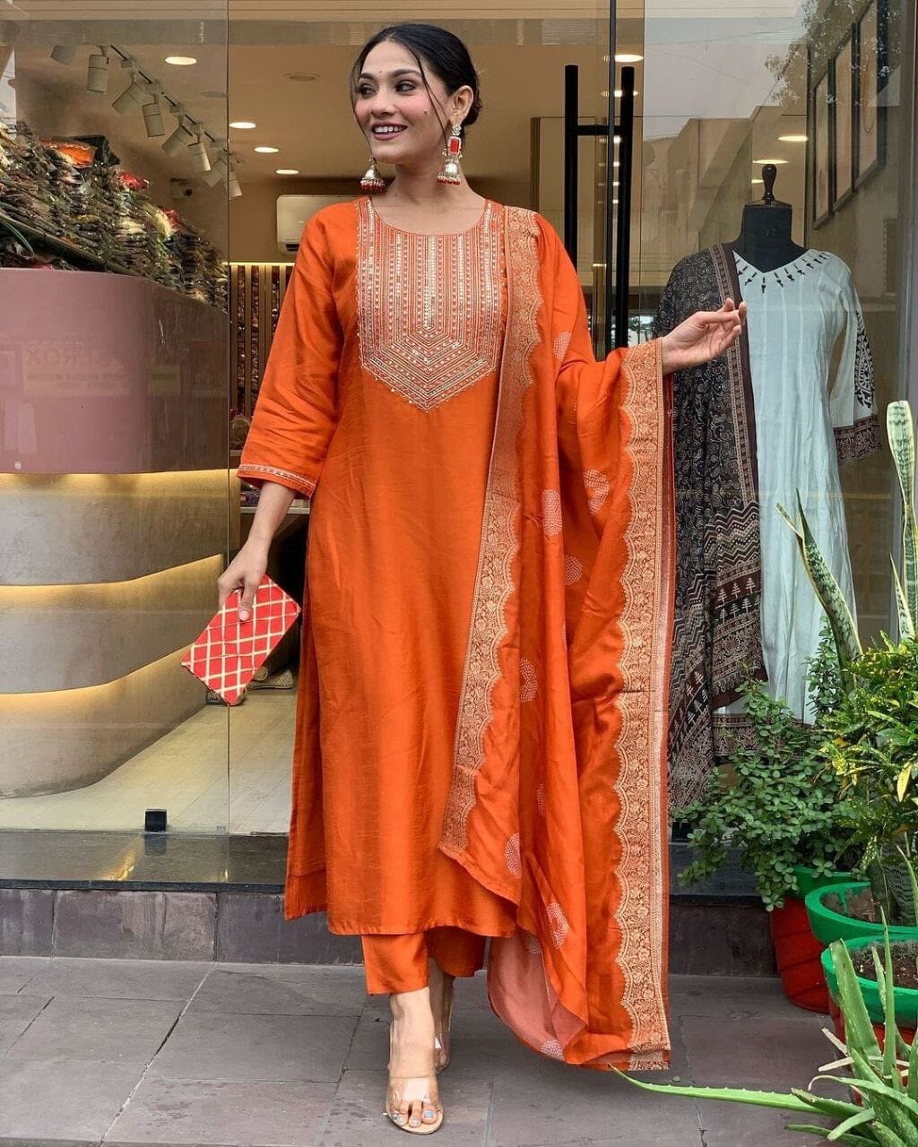 Orange Embroidered Kurti with Dupatta and Pant Set Shopin Di Apparels