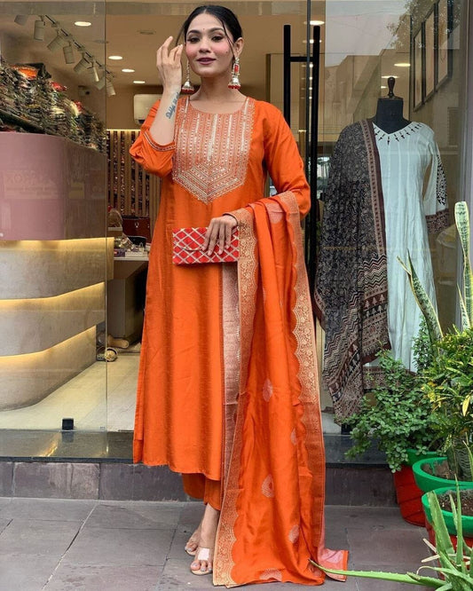 Orange Embroidered Kurti with Dupatta and Pant Set Shopin Di Apparels