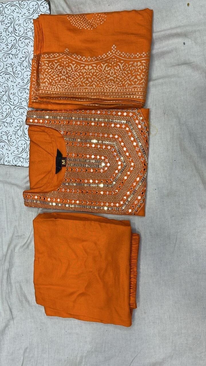 Orange Embroidered Kurti with Dupatta and Pant Set Shopin Di Apparels