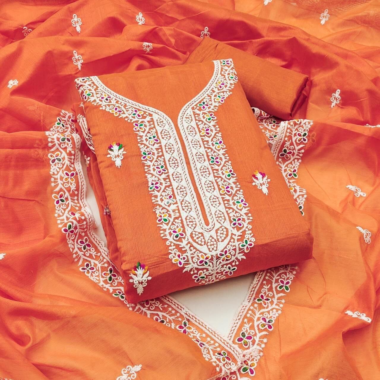 Orange Heavy Chanderi Neck Embroidery Dress Material Dress Material Shopin Di Apparels