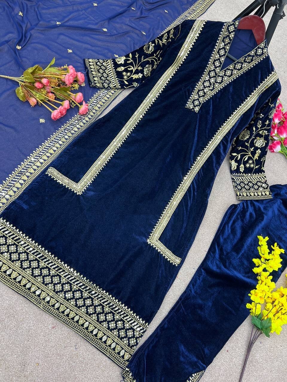 Party wear Velvet Top with Dupatta and Bottom Readymade Suit Ready Made Designer Suits Shopin Di Apparels