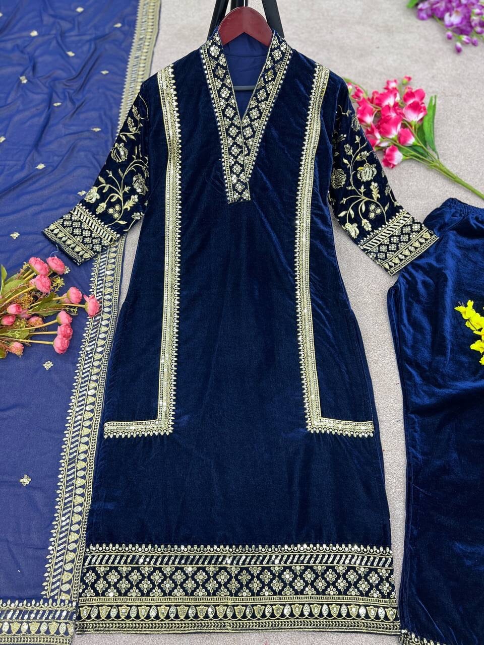 Party wear Velvet Top with Dupatta and Bottom Readymade Suit Ready Made Designer Suits Shopin Di Apparels