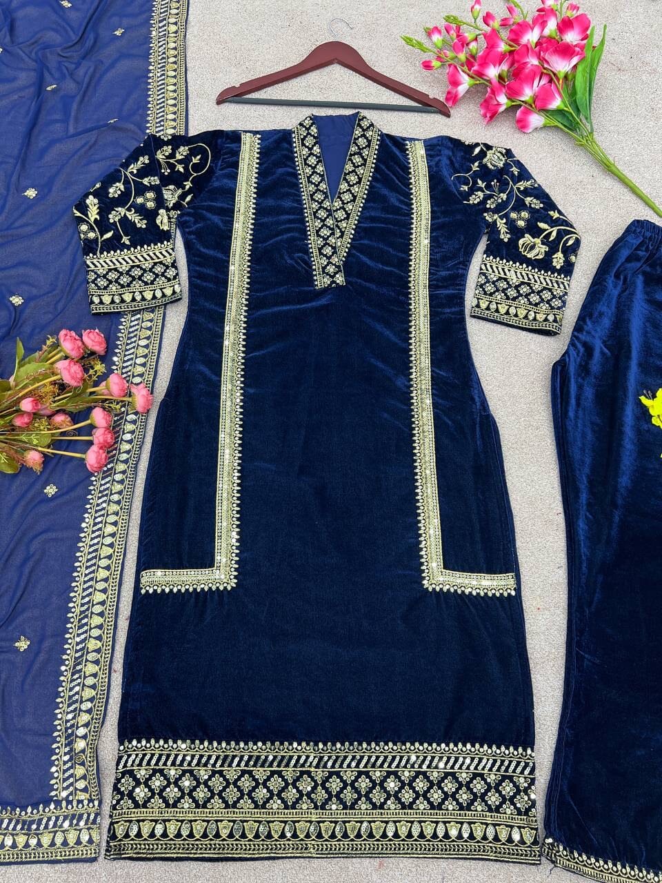 Party wear Velvet Top with Dupatta and Bottom Readymade Suit Ready Made Designer Suits Shopin Di Apparels