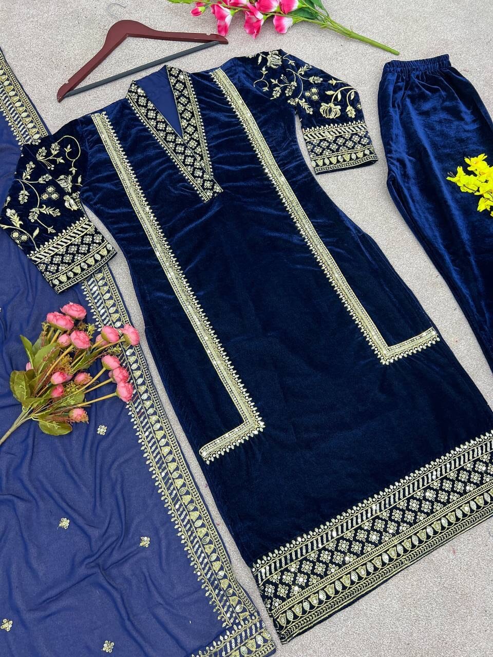 Party wear Velvet Top with Dupatta and Bottom Readymade Suit Ready Made Designer Suits Shopin Di Apparels