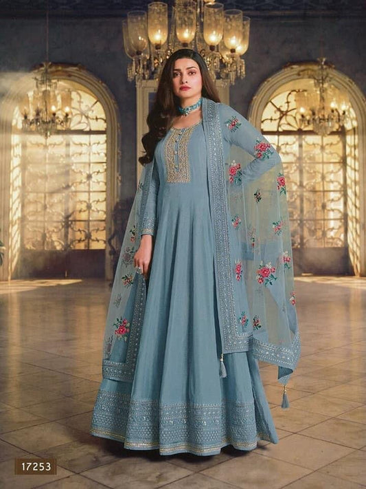 Pastel Blue Dola Silk Anarkali Suit Ready Made Designer Suits Shopin Di Apparels