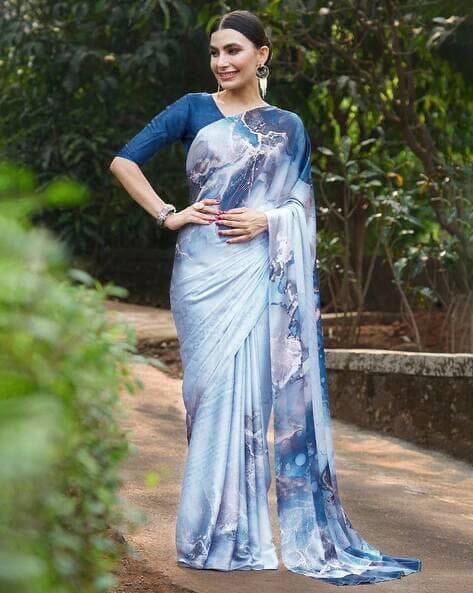 Pastel Blue Satin Silk Saree with Blouse Satin Saree Shopin Di Apparels