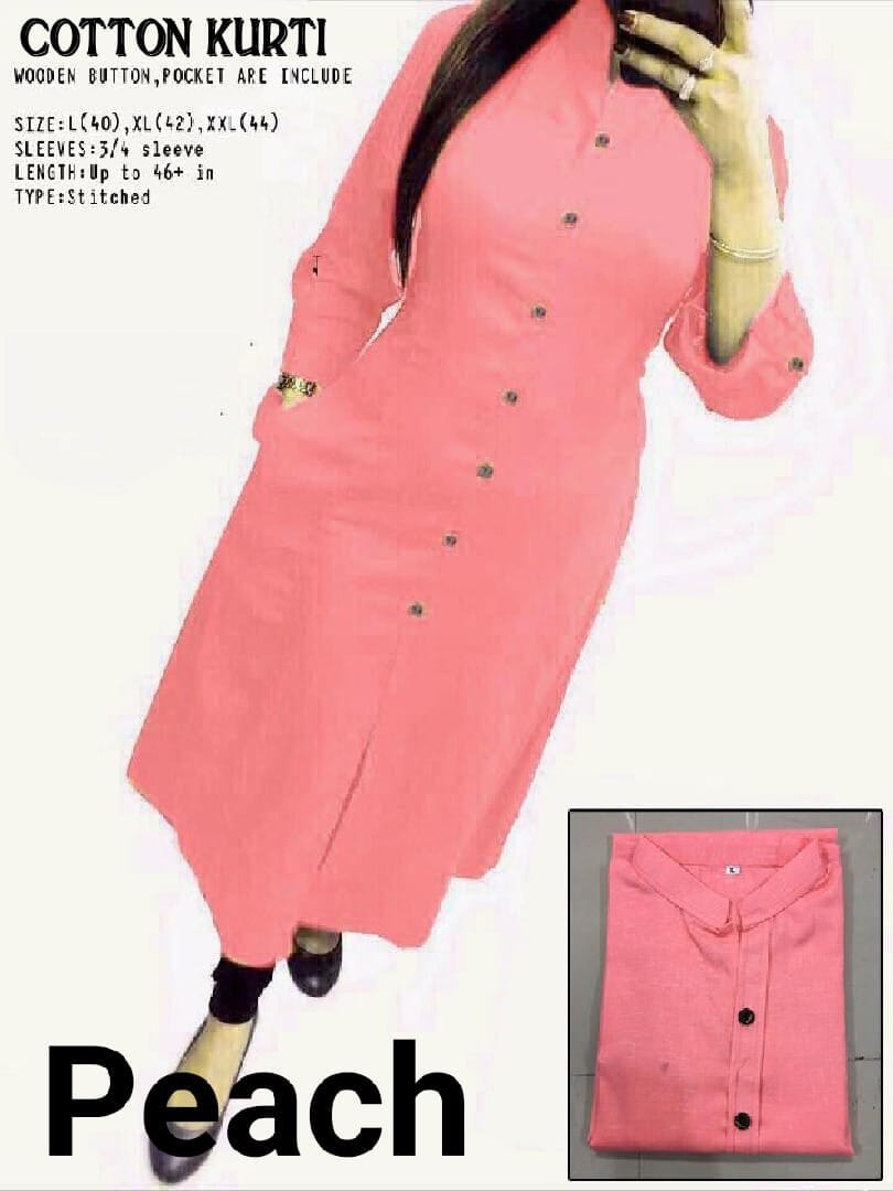 Peach Plain Collar Cotton Kurti with Button and Pockets Kurti Shopin Di Apparels