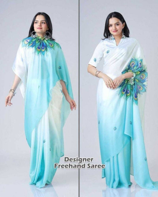 Peacock Blue Kc 888 Digital Printed Crepe Silk Ready to Wear Saree Ready to Wear Saree Shopin Di Apparels