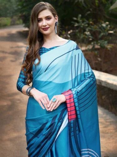 Peacock Blue Satin Silk Saree with Blouse Satin Saree Shopin Di Apparels