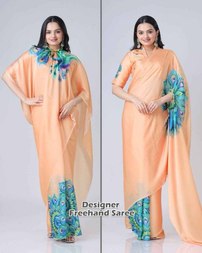 Peacock Orange Kc 888 Digital Printed Crepe Silk Ready to Wear Saree Ready to Wear Saree Shopin Di Apparels
