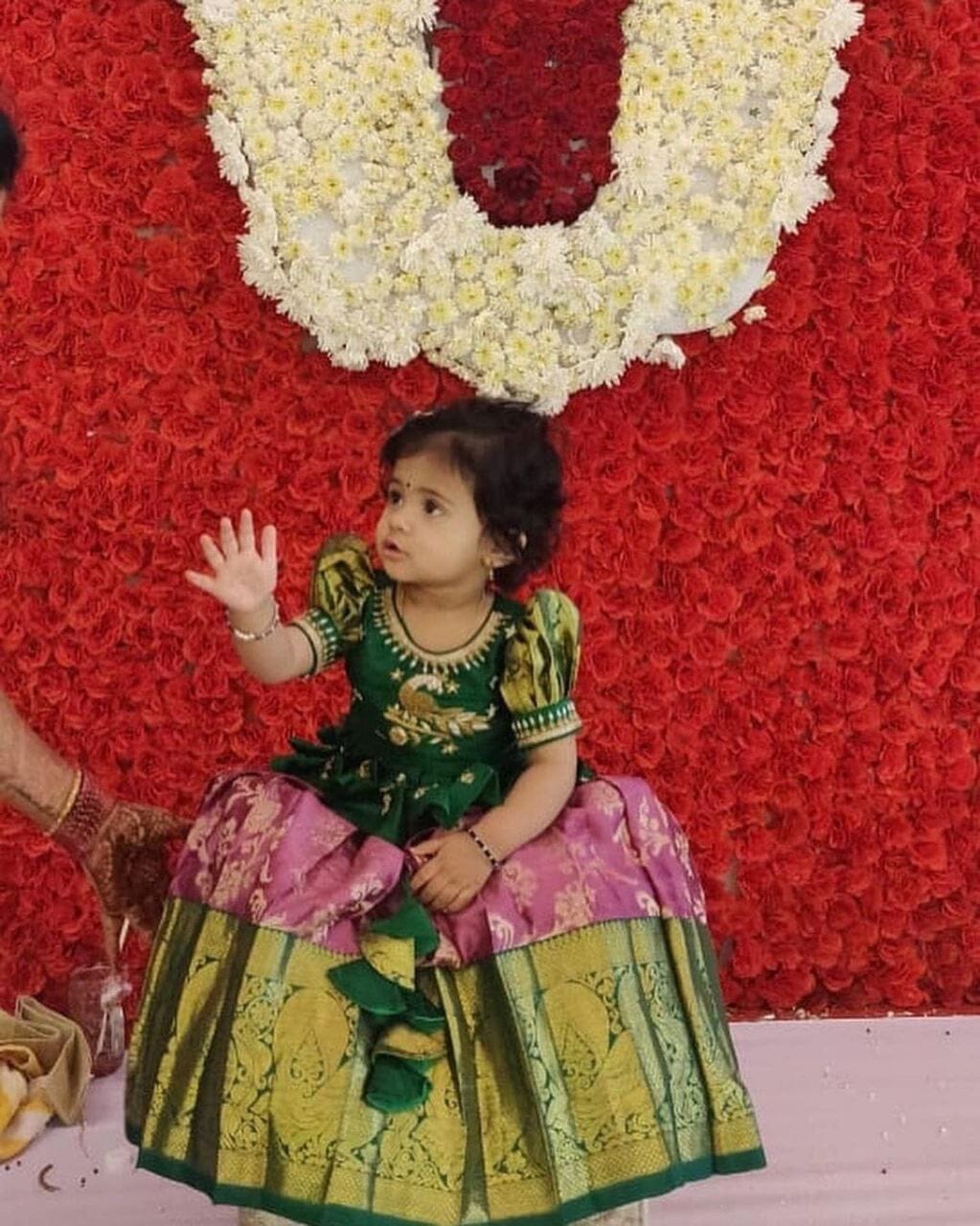 Pink and Green Lichi Silk Embroidered Kid’s Lehenga Festival Wear Pavadai Sattai Kid's Lehenga Shopindiapparels.com