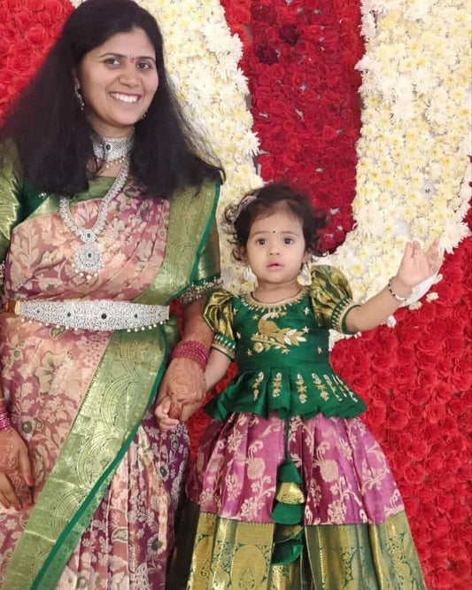 Pink and Green Lichi Silk Embroidered Kid’s Lehenga Festival Wear Pavadai Sattai Kid's Lehenga Shopindiapparels.com