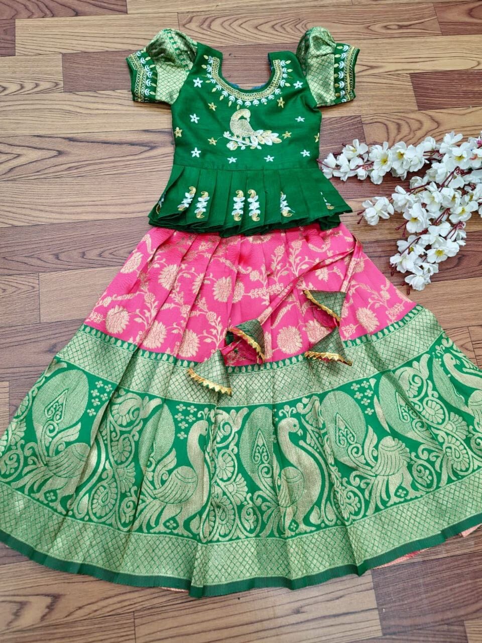 Pink and Green Lichi Silk Embroidered Kid’s Lehenga Festival Wear Pavadai Sattai Kid's Lehenga Shopindiapparels.com