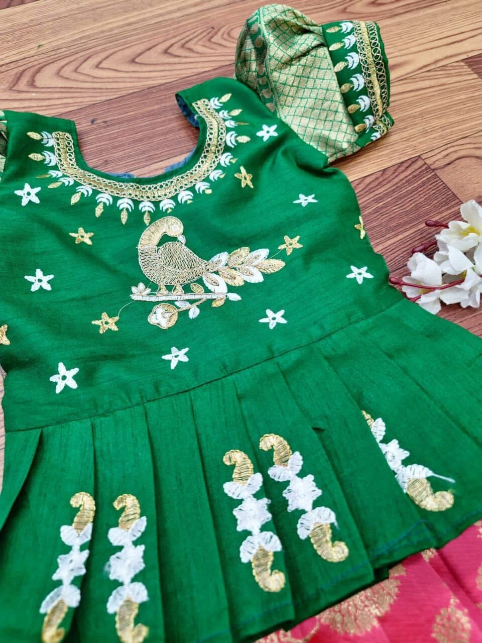 Pink and Green Lichi Silk Embroidered Kid’s Lehenga Festival Wear Pavadai Sattai Kid's Lehenga Shopindiapparels.com