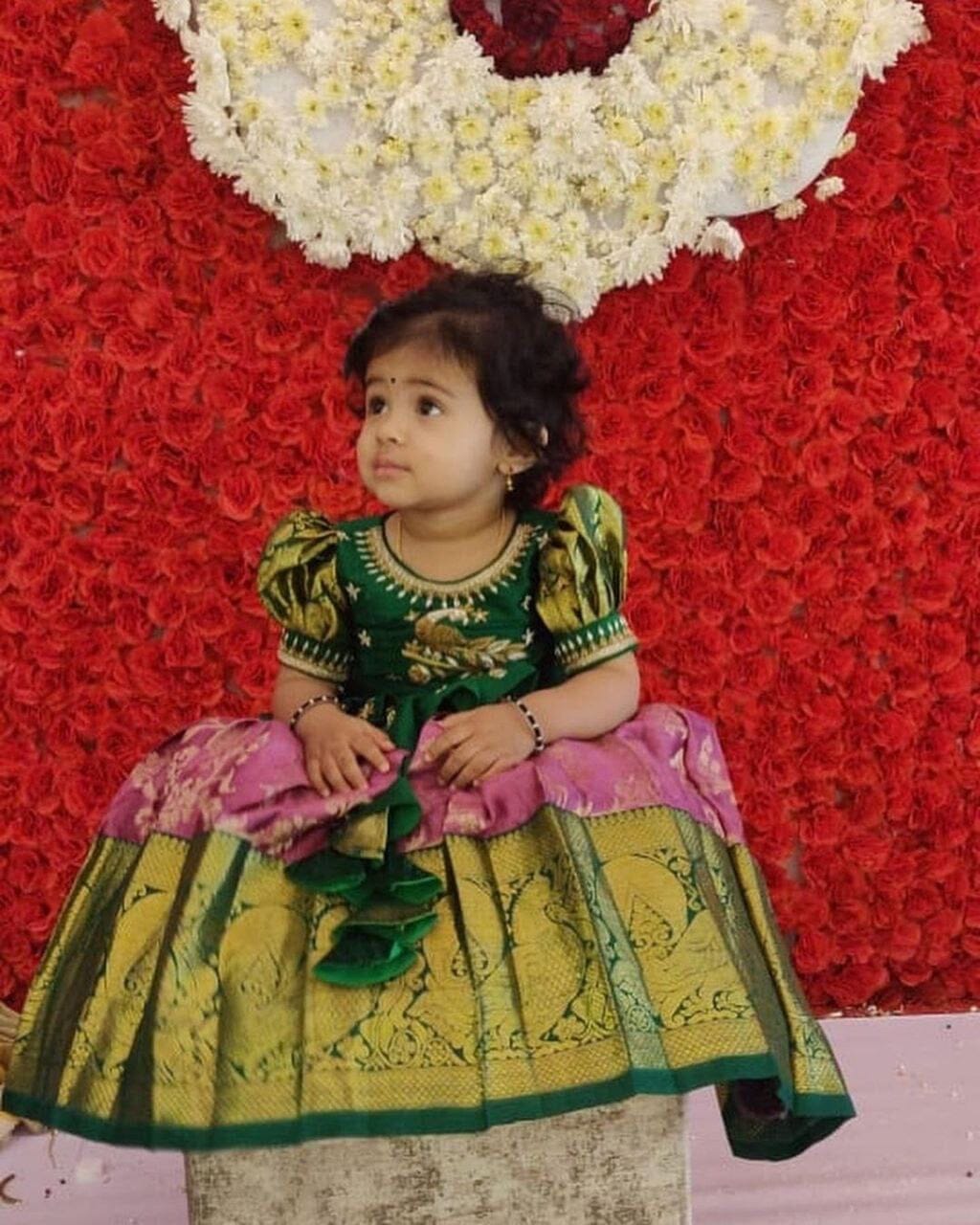 Pink and Green Lichi Silk Embroidered Kid’s Lehenga Festival Wear Pavadai Sattai Kid's Lehenga Shopindiapparels.com