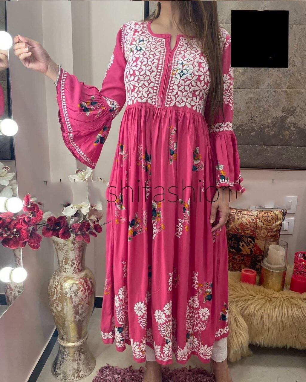 Pink Designer Rayon Kurti with White Embroidery and Plazzo set Kurti with Pant Shopin Di Apparels